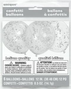 12" Clear Latex with Silver Confetti 6pk Unique