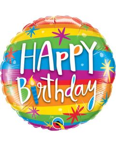 09" Round Bday Rainbow Stripes Foil Balloon Qualatex