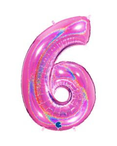 40" Fuchsia Glitter Holographic Number 6 Foil Balloon Grabo
