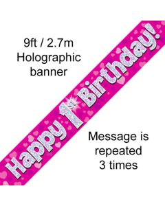 9ft Banner Happy 1st Birthday Pink holographic - 624337/1