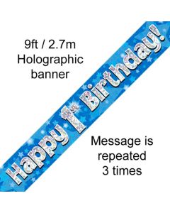 9ft Banner Happy 1st Birthday Blue holographic - 624627/1