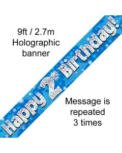 9ft Banner Happy 2nd Birthday Blue holographic - 624634/1