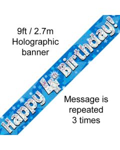 9ft Banner Happy 4th Birthday Blue holographic - 624658/1