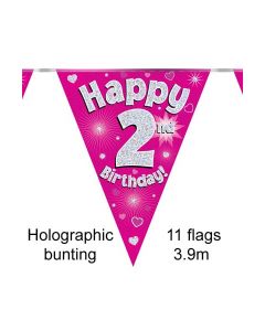 Age 2 Pink Holographic 3.9m 11 Flag Bunting Oaktree
