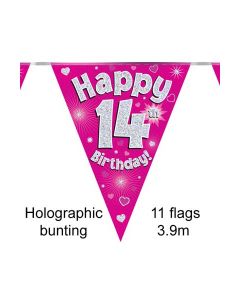 Age 14 Pink Holographic 3.9m 11 Flag Bunting Oaktree