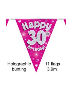 Age 30 Pink Holographic 3.9m 11 Flag Bunting Oaktree