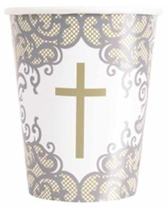 Fancy Gold Cross 9oz Paper Cups 8Pk