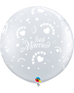 3ft Latex Balloon Round Diamond Clear Pk2 Just Married Hearts-A-Rnd