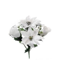 30cm Poinsettia & Rosebud Bush White/Silver