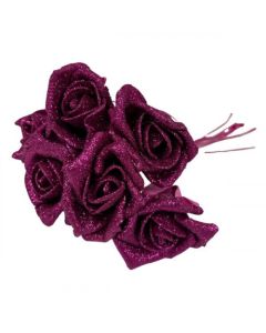 6cm Fuchsia Glitter Foam Rose Bunch